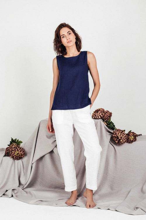 Women's Cropped Linen Top - Navy Blue Sleeveless Blouse - SOLTA