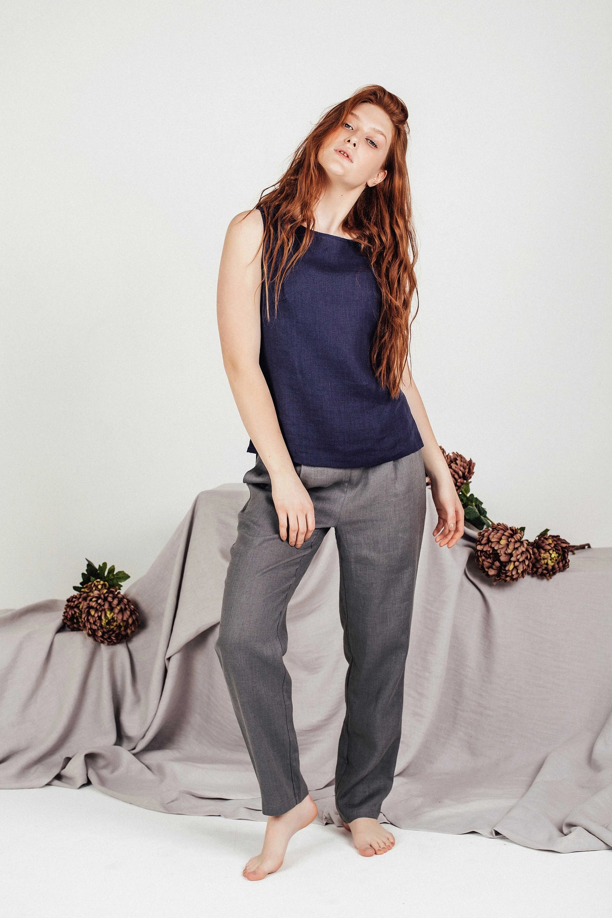 Women's Cropped Linen Top - Navy Blue Sleeveless Blouse - SOLTA