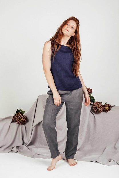 Women's Cropped Linen Top - Navy Blue Sleeveless Blouse - SOLTA