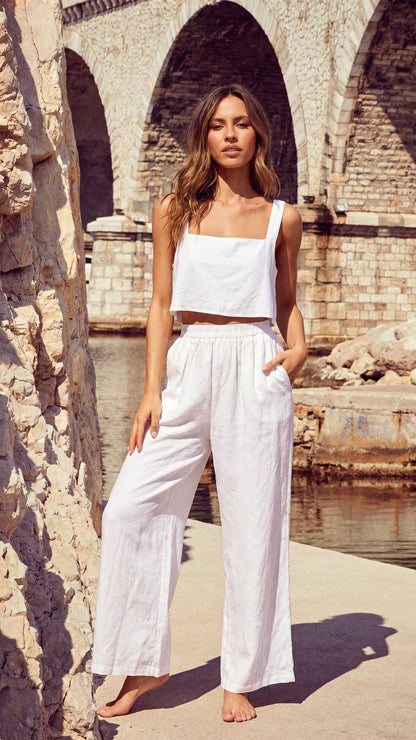 White Linen Cropped Tank Top - TORA